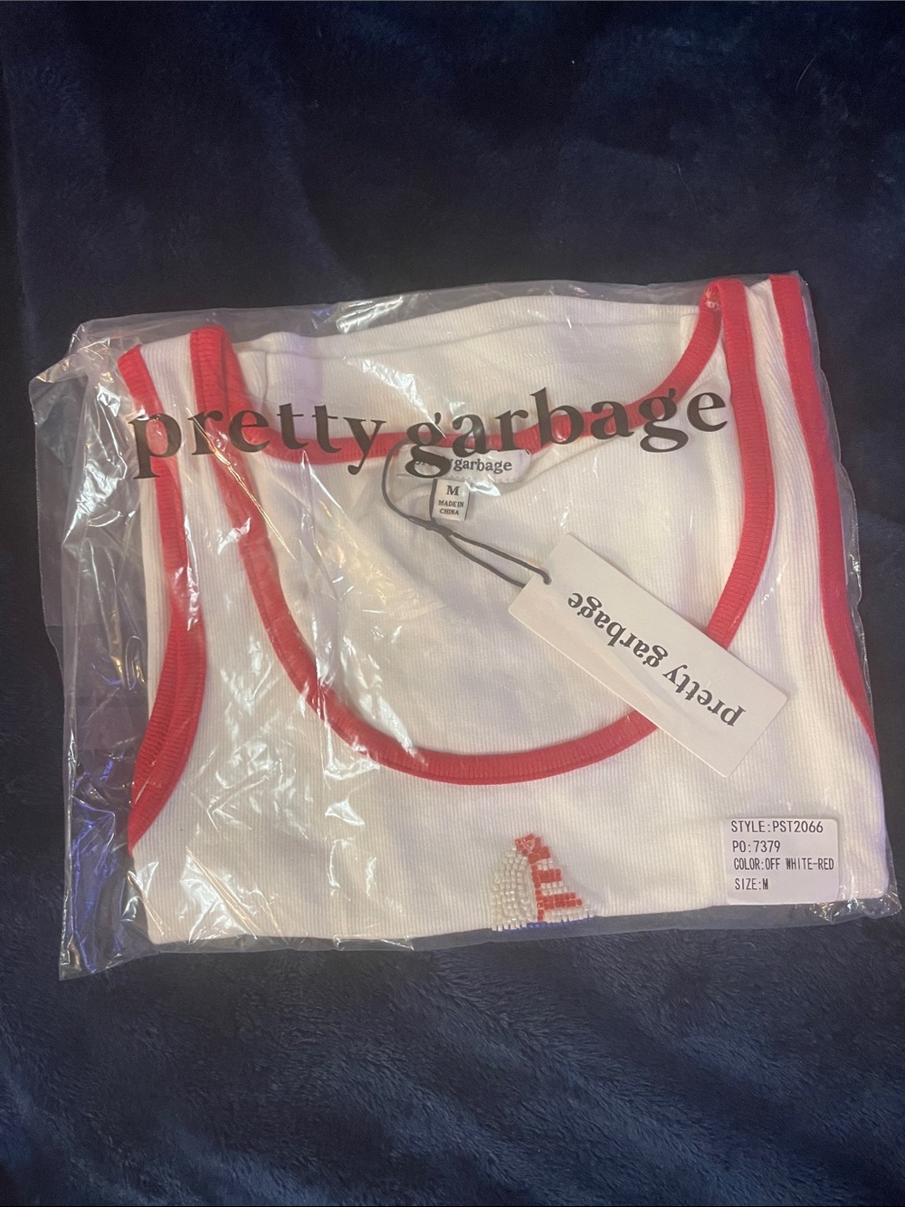 Pretty Garbage Women's White Tank Top with Red Trim